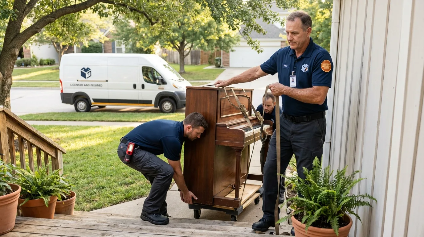 Licensed piano movers securing grand piano in Kure Beach, NC