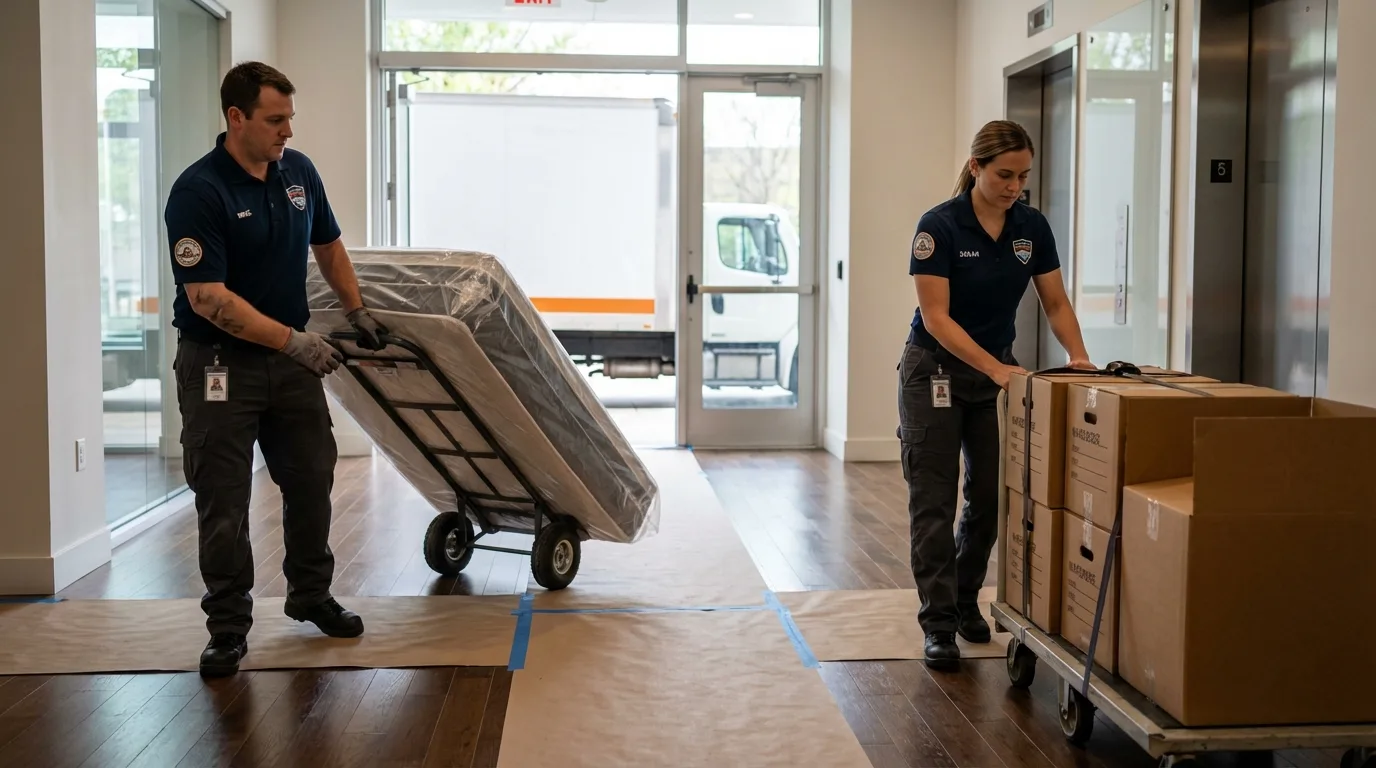 Professional apartment movers loading elevator in Kure Beach, NC